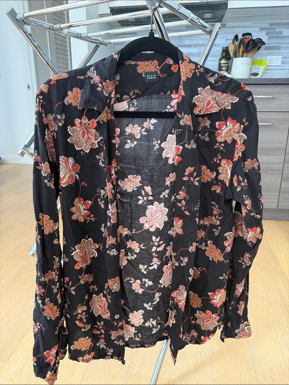 Black Floral Button-Front Blouse Jacket with Coral Blooms